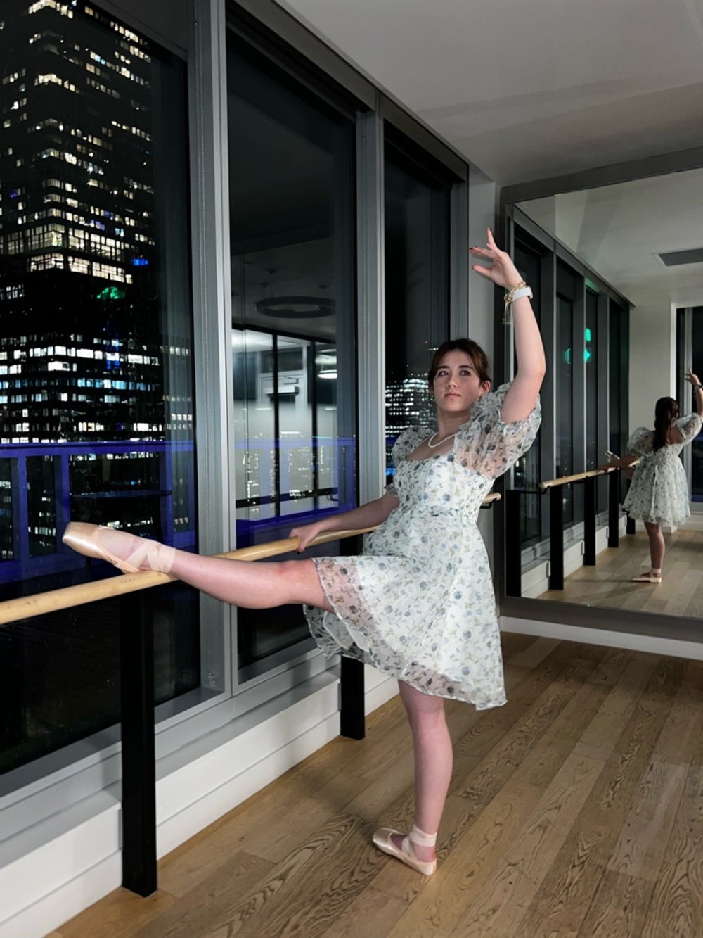 Floral Puff-Sleeve Ballet Dress in Light Blue and White